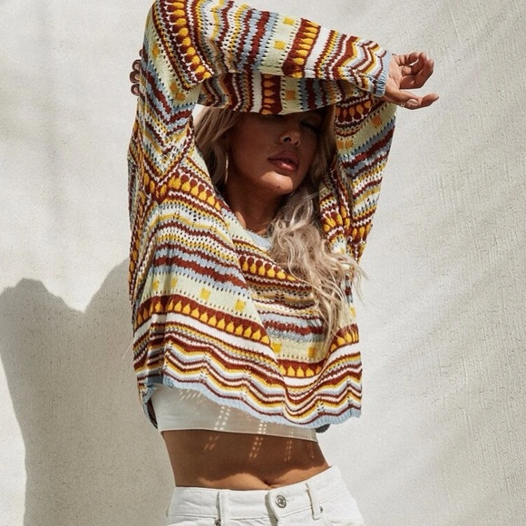 Boho striped pointelle knit sweater - Picture 2 of 6